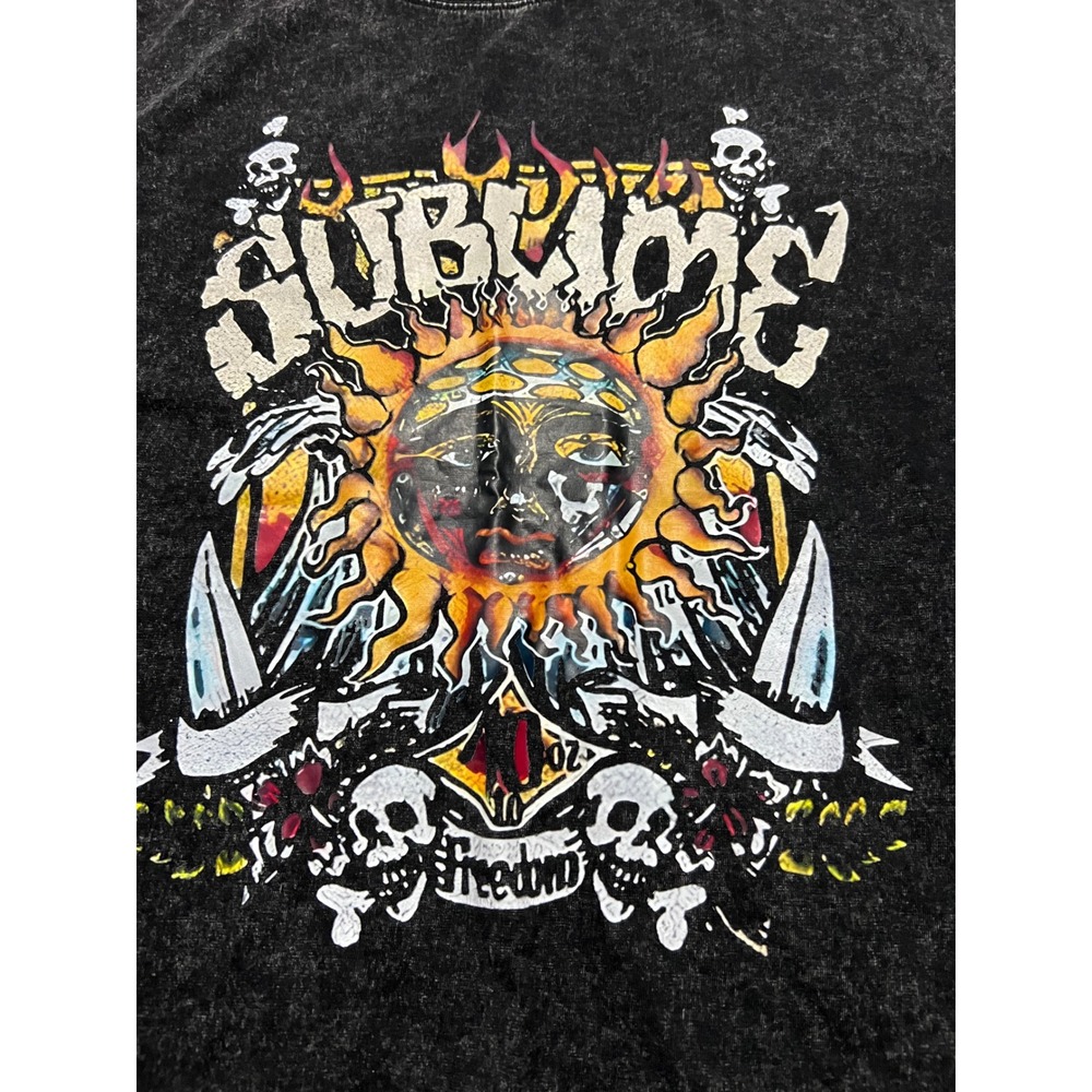 Sublime Sun Graphic T-Shirt 2XL Acid Wash Charcoal Grey Skulls Band Tee B3